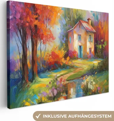 Produktbild von MuchoWow® - Leinwandbilder - Landschaft - Farbenfroh - Ölgemälde - Kunst, Wandbild, Wanddeko Bilder Wohnzimmer, 80x60 cm