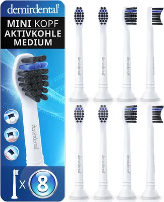 Produktbild von 8er demirdental Medium Mini Aufsteckbürsten mit Aktivkohle für Philips Sonicare | Weiß
