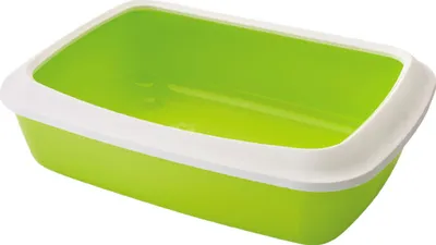 A green and white litter box is shown against a white background.
