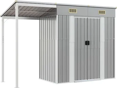A grey metal garden shed with a covered porch area.