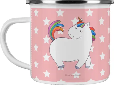 Produktbild von Mr. & Mrs. Panda Teetasse Einhorn Stolzieren - Rot Pastell - Geschenk, Pott, Freundin, Reiter, Emaille Becher, wandertasse, Einhörner, Pferd, Teebecher, Tasse, Unicorn