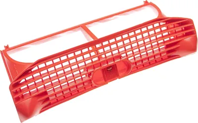 A red plastic lint filter for a washing machine.