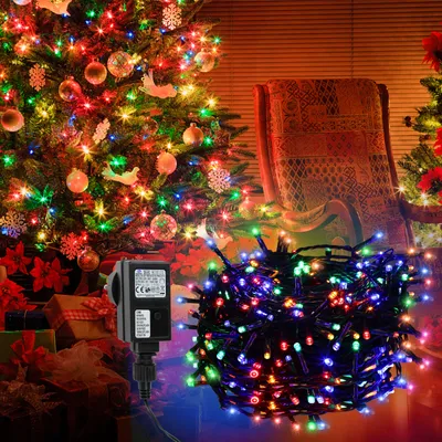 Produktbild von Peviasot Lichterketten 10 m mit 100 LED, Mehrfarbig, 8 Modi, IP44, 31 V, schwarzem Kabel, für Weihnachten und Garten