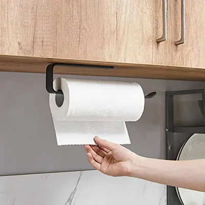 Produktbild von Bohrfreier Küchenrollenhalter, schwarzer Küchenrollenhalter, Papierrollenhalter aus Aluminium, Küchenrollenspender, Küchenrollenhalter, Wandaufbewahrungsorganizer