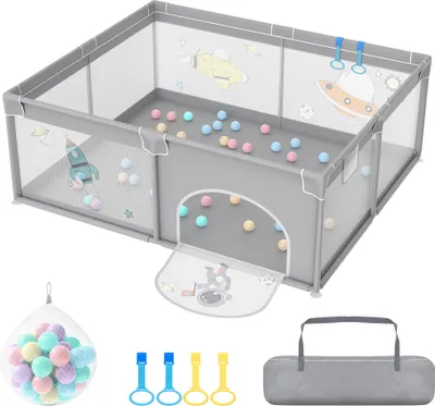 Produktbild von UISEBRT Baby Laufgitter 150 x 180 cm, Rutschfester Laufstall mit Tragbarem Spielzelt, Sicherheitsbarriere und Schutzgitter für Kleinkinder, Grau mit Astronautenmotiven