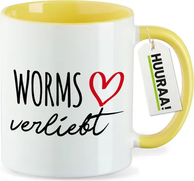 Produktbild von Huuraa Kaffeetasse Worms verliebt 330ml Gelb Keramik Kaffeebecher Geschenkidee