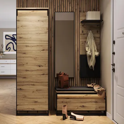 Produktbild von Garderoben-Set QUANT-3 Flurgarderobe Wandgarderobe Schuhschrank Paneel Spiegel Loft 4-teilig (Artisan Eiche / Schwarz)