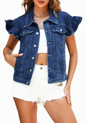 Productafbeelding van Ladyful dames denim vest, top, met ruches, vleugelmouwen, jeans, vest, met knopen