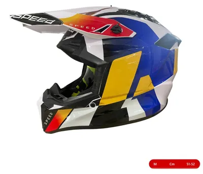 Image de Casque de motocross et d'enduro pour moto, quad ou vélo – taille M (51–52 cm), blanc avec un motif jaune et bleu