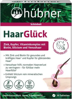 Produktbild von Hübner HaarGlück | 30 Tabletten | Zink, Kupfer, Biotin, Silicium & Venushaar | vegan