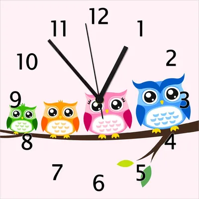 Produktbild von Wallario Design Wanduhr Eulenfamilie auf einem Ast  Comic Stil aus Echtglas, Größe 30 x 30 cm
