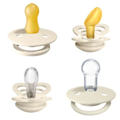 Produktbild von BIBS Schnuller 4er-Pack, Try it starter pack, BPA-frei, Kirschform, Symmetrische und Kiefergerechte Sauger. Naturkautschuk / Latex, Hergestellt in Dänemark. 0+ Monate (4er Pack), Ivory