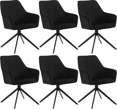 Six black upholstered chairs with swivel bases are arranged in two rows of three against a white background.