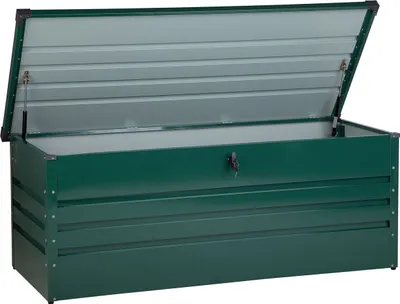 A dark green metal garden storage box with its lid open, showing the interior.