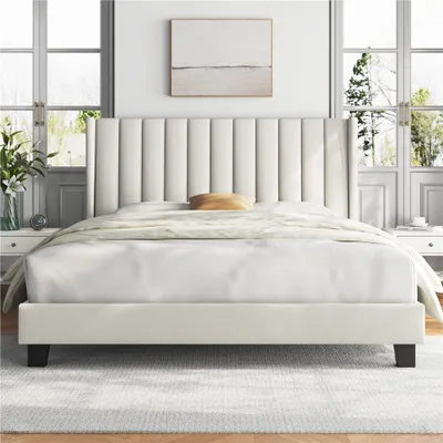 Produktbild von Yaheetech Polsterbett Bettrahmen Gepolstertes Bettgestell Stabiles Doppelbett Familienbett für Schlafzimmer Gästezimmer, 160 x 200 cm, Beige