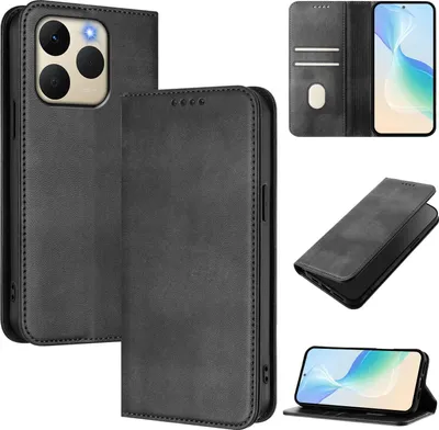 Image de Housse de téléphone portable pour Realme 15T, Vintage Cuir RFID Protection Porte-carte Stand Fonction Housse à rabat magnétique Noir