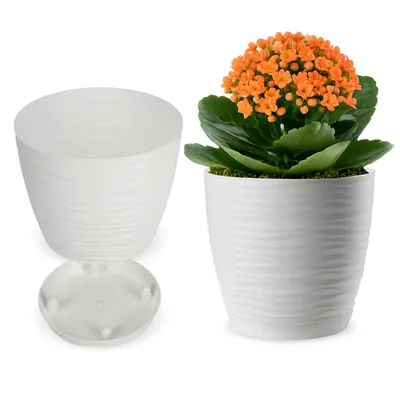 Produktbild von KADAX Blumentopf mit Untersetzer "Temara", Blumenkübel, Pflanztopf aus Kunststoff, Übertopf, rund, 15 cm, Weiß
