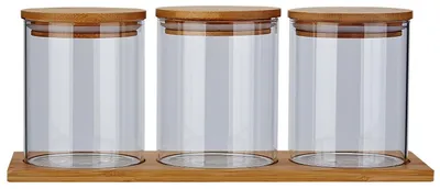 Image de Ensemble de 3 récipients de conservation en verre avec étagère - Hermétiques pour le café et le sucre