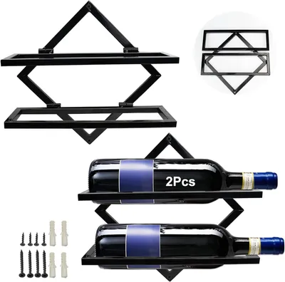 Produktbild von Wandmontiertes Weinregal aus Metall – für 2 Flaschen Alkohol – klappbares Hängeregal – schwarz – Keller/Bar/Küche