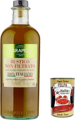 Produktbild von Carapelli, olio extra vergine di oliva Rustico Non Filtrato, 100% Italiano, 100% italienisch Rustikal Native Olivenöl. 1lt + Italian Gourmet polpa 400g