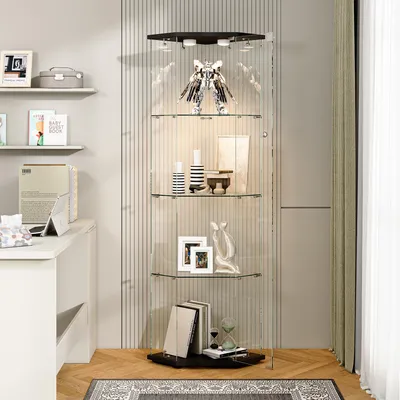 Produktbild von UnboxG 5-eckige Standvitrine mit LED-Beleuchtung Glasvitrine 1 Tür 4 Ablagen schwarzer Bodenplatte Eckvitrine Wohnzimmer Esszimmer Büro 60x42,5x162 cm