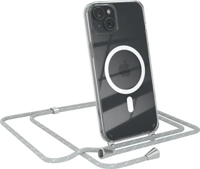 Produktbild von EAZY CASE - Handykette kompatibel mit Apple iPhone 15 Plus Kette zum Umhängen Stoßfest Handyhülle für Apple iPhone 15 Plus Silikon Hülle mit Band Transparent als Fallschutz in Grau/Weiß - Clips Silber