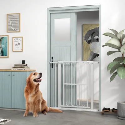 Produktbild von Türschutzgitter Hund ohne Bohren, Absperrgitter Treppengitter, Stahl, Weiß | 94 cm hoch | 76–104 cm Breite | Druck- & Bohrmontage