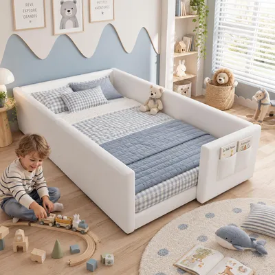 Immagine prodotto di Letto imbottito per bambini, 90 x 200 cm, con struttura bassa e completamente imbottita, dotato di tasca laterale, struttura in legno rivestita in velluto, colore bianco