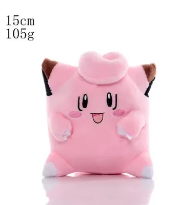 A pink plush toy of a Pokemon character, likely Clefairy, is shown against a white background. Text indicating size and weight is present in the top-left corner.
