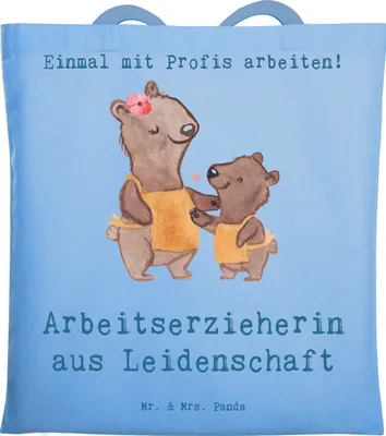 Produktbild von Mr. & Mrs. Panda Tote Bag Arbeitserzieherin Leidenschaft - Sky Blue - Geschenk, Lustig, Spruch, Tasche, Beruf, Ausbildung, Shopping, Studium, Unitasche, Schultasche