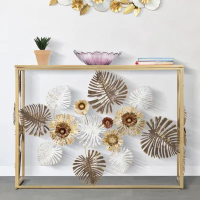 Immagine prodotto di Consolle in metallo dorata con fiori e foglie cm 113x40x80