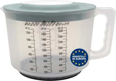 Produktbild von mucHome 3in1 Messbecher 2L Rührbecher mit Spritzschutz, Verschlussdeckel und Ausgießer - mit gummierter Boden zum Kochen (Grün)