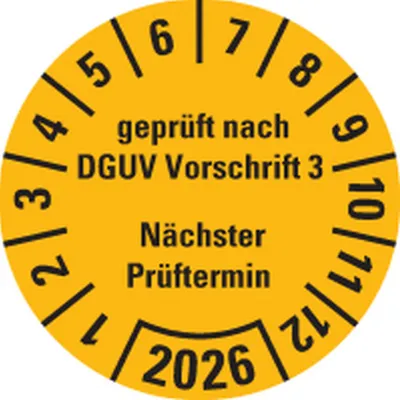 Produktbild von Dreifke® Prüfplakette gepr.n.DGUV Vorschr.3 NP 26, gelb, Dokufolie, Ø 25mm, 5...