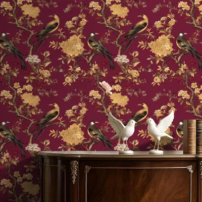 Productafbeelding van Zelfklevend behang met vogels en bloemen - Vintage roodgouden fotobehang