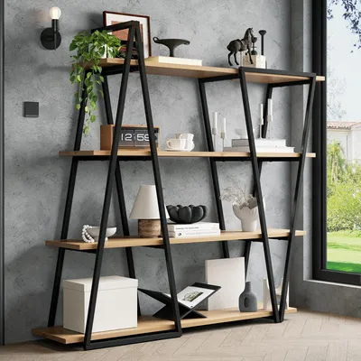 Produktbild von Flieks Geometrisches Stehregal mit 25 mm Verdickt MDF-Holzböden, Dreiecksdesign, Bücherregal 158x35x166 cm, Offenes Metallregal , Schwarz, Braun