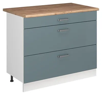 Produktbild von Küchenunterschrank Vicco R-Line Blau-Grau/Weiß 100 cm Arbeitsplatte Goldkraft Eiche, Model 71529