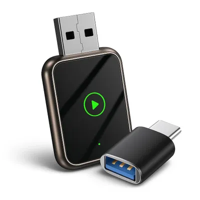 Produktbild von Wireless Adapter für Carplay und Android Auto – Mini Adapter mit Sprachsteuerung – Plug and Play mit Metallrahmen – 2 in 1 für dein Auto