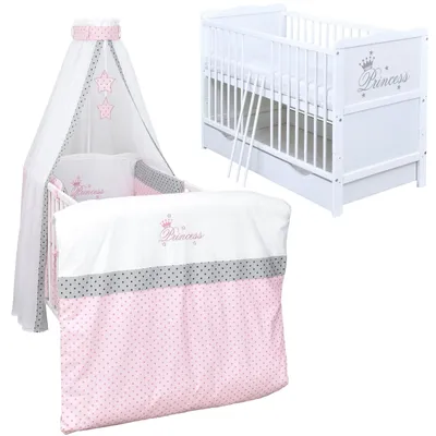Produktbild von Baby-Delux Babybett Kinderbett Gitterbett Princess 60x120 Weiß mit Schublade 10-tlg Princess Stars Bettwäsche Set Matratze, Beißschienen zum Schutz