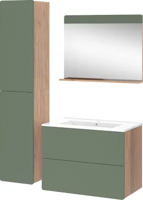 A bathroom vanity set with a tall cabinet, a mirror, and a vanity unit with a sink.