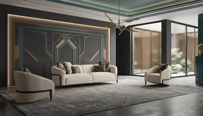 Image de Élégant ensemble de salon beige : canapé 3 places et deux fauteuils, mobilier design