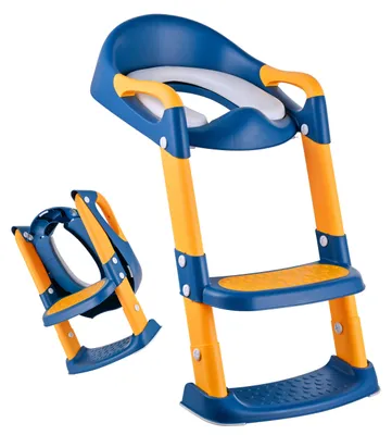 Zdjęcie produktu dla Relaxdays, siedzisko toaletowe dla dzieci ze schodkami, regulowane na wysokość (39–45 cm), składane, z podkładką, pomoc do nauki korzystania z toalety, niebieskie/żółte