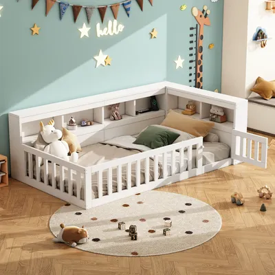 A child's bedroom with a white floor bed, toys, and decorations.