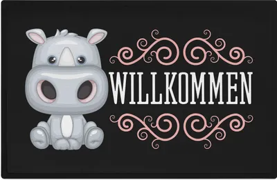 Produktbild von Trendation - Willkommen Fußmatte Grafik Schmutzfangmatte Geschenk Außen Innenbereich 60x40 cm Waschbar Türmatte Nilpferd