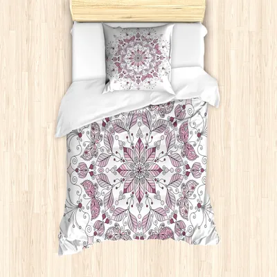 Produktbild von ABAKUHAUS lila Mandala Mantele, Pastell Lotus, Milbensicher Allergiker geeignet mit Kissenbezügen, 135 cm x 200 cm - 80 x 80 cm, Weiß Hellrosa