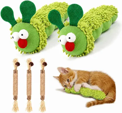 Productafbeelding van Kattenkruid speelgoed - 5 stuks - 2 rupsen met kattenkruid en 3 kattenkruidsticks