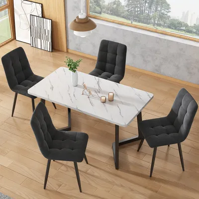 Immagine prodotto di okwish Set da pranzo per 4 persone (5 pezzi), tavolo da pranzo con 4 sedie, tavolo da pranzo rettangolare 117×68×75 cm con piano in MDF bianco e sedie da pranzo, Grigio scuro e nero