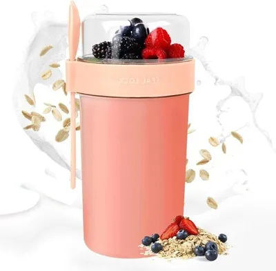 Produktbild von Yoghurtbehälter 2-in-1 zu Hause mit Löffel und Schachtel - für Joghurt Muesli Salate - 230 ml + 760 ml rosa - Portionierbehälter