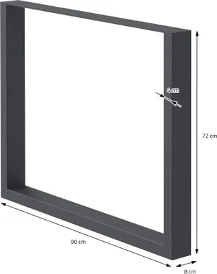 A single dark gray metal table leg frame with dimensions indicated.