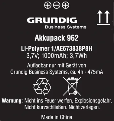 Produktbild von Grundig Li-Ion 1000 mAh, Akku, Grundig, Digta 7, Schwarz, Lithium-Ion (Li-Ion), 1000 mAh