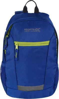 A blue backpack with a green zipper and reflective strip.